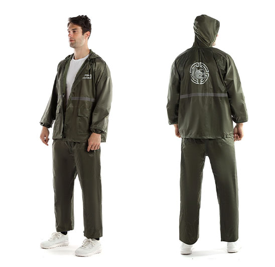 Plus size waterproof packable men’s outdoor raincoat, workwear, green blue black, tailored pants and jacket