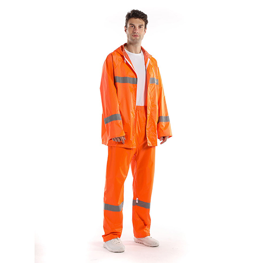 Polyester PVC Hooded Waterproof Men’s Raincoat with Reflective Stripes