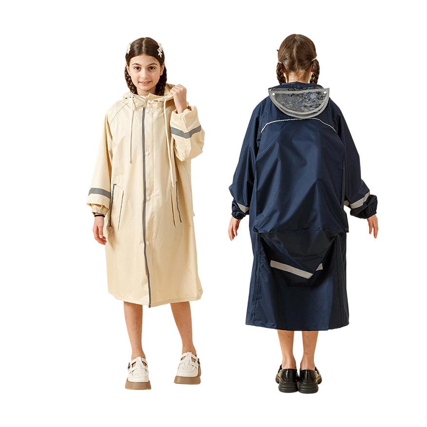 Poly Pongee Durable Hooded Raincoat with Multiple Reflective Strips for Kids