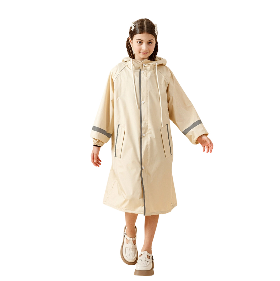 Poly Pongee Durable Hooded Raincoat with Multiple Reflective Strips for Kids