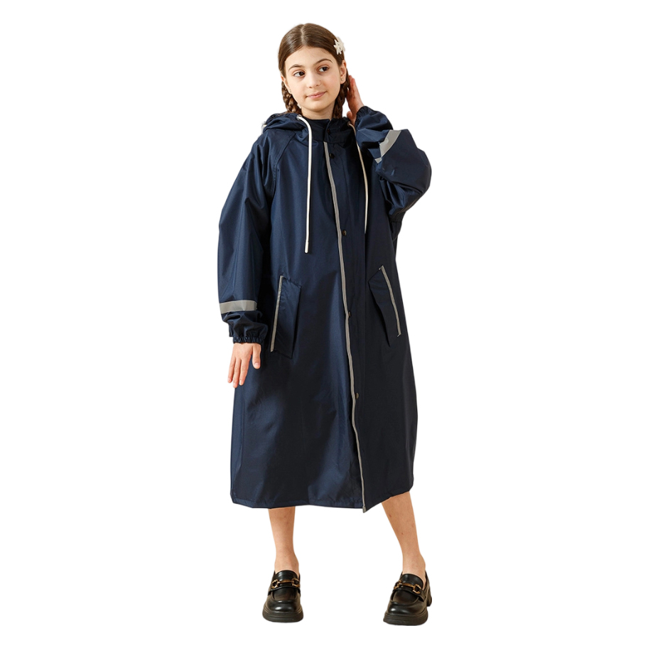 Poly Pongee Durable Hooded Raincoat with Multiple Reflective Strips for Kids