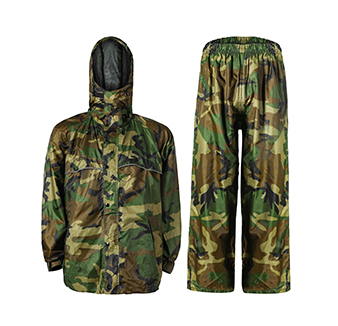 Waterproof camouflage PU rainwear-hooded jacket & pants sets for hunting fishing