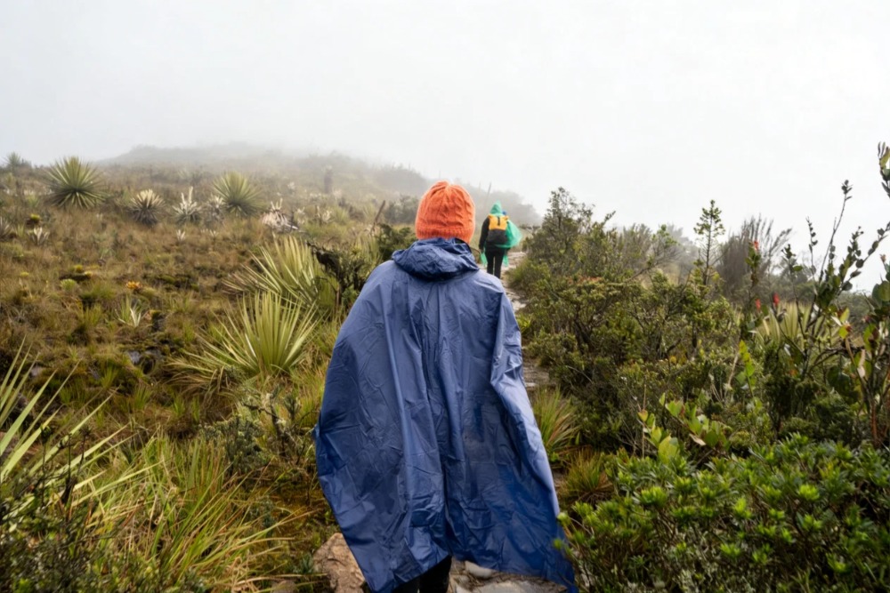 Hiking with rain poncho